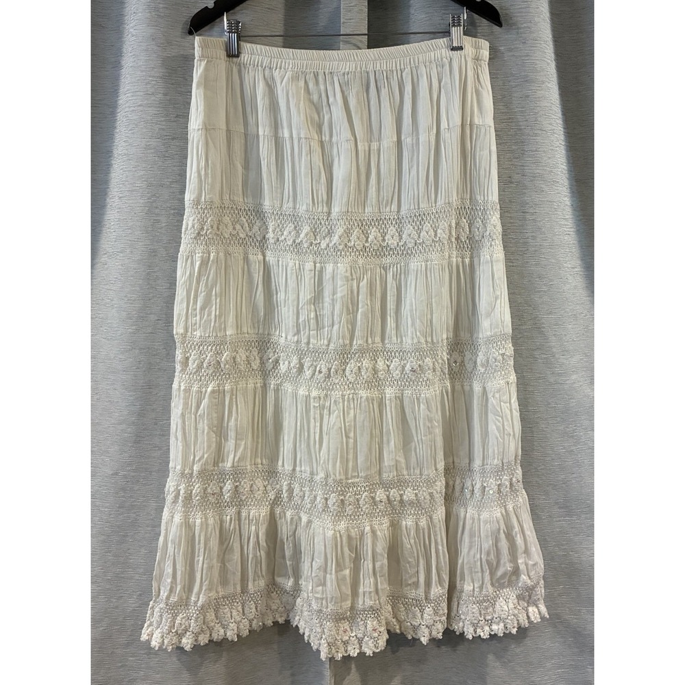 Valerie Stevens White‎ Tiered Maxi Sequin Skirt Size Large Boho Cottagecore